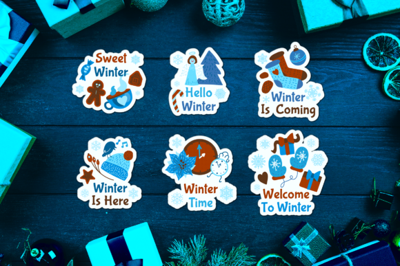 Winter Cartoon Badges Set: Graphics & Decorative Elements